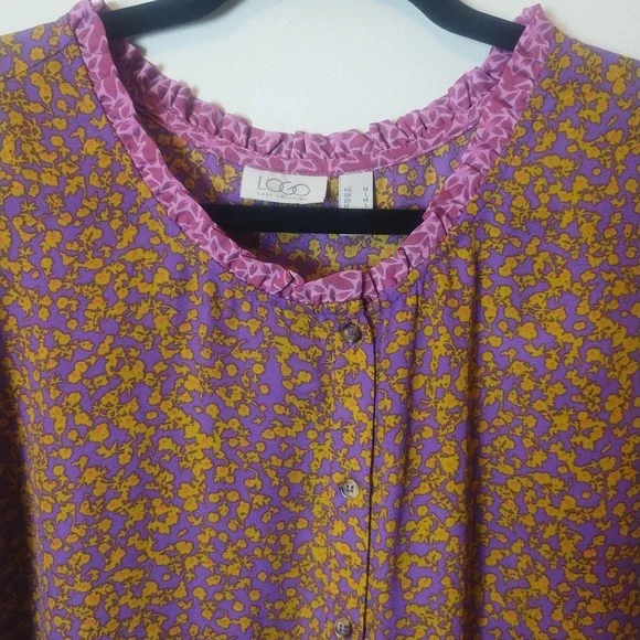 LOGO Lori Goldstein Purple Floral Peasant Button Up Blouse Sz M Boho Oversized - Picture 2 of 8